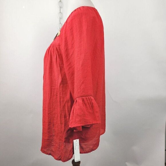 ZAC & RACHEL Red Beaded 3/4 Bell Sleeve Blouse Peasant Swing Top Womens Sz M $48 - Picture 4 of 7